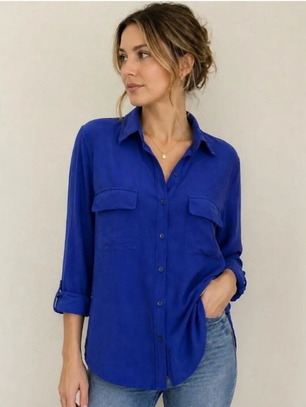 New Nexx York 100% Silk Periwinkle Button Front Blouse Womens Long Sleeve XL